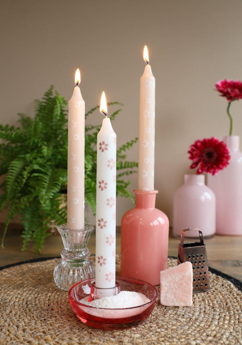 Stabkerzen mit Blümchenprint Rosa Weiß 3 Stück